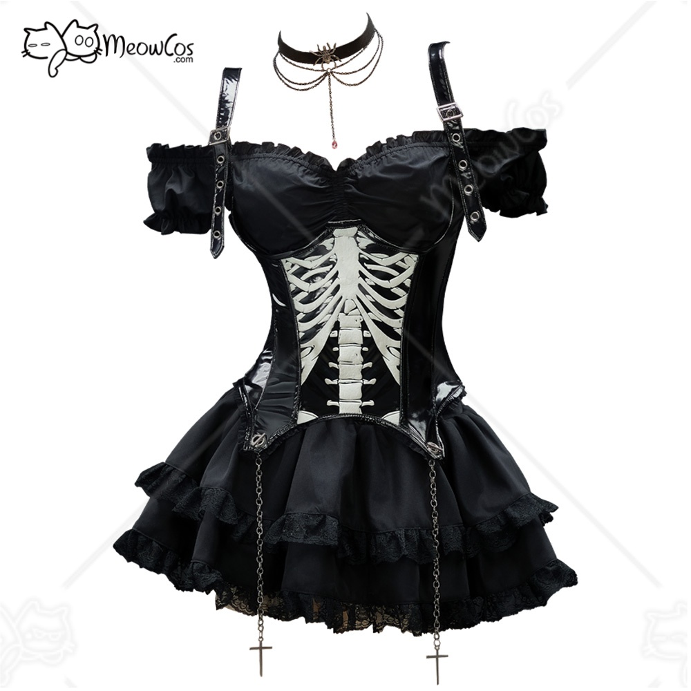 Anime Cosplay Com - 米国株 MEOWCOS ミスミサ ゴシックブラックコルセットスカートセット スケルトンコルセットとレイヤードスカートと手袋付き ハロウィンコスプレ衣装