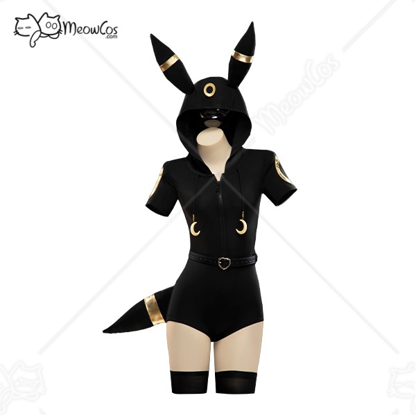 Anime Cosplay Com - USA MEOWCOS 女性ムーンライトフォックスダークグレーロンパースフード付きボディスーツ袖付きストッキングベルトとテールハロウィンコスプレ衣装